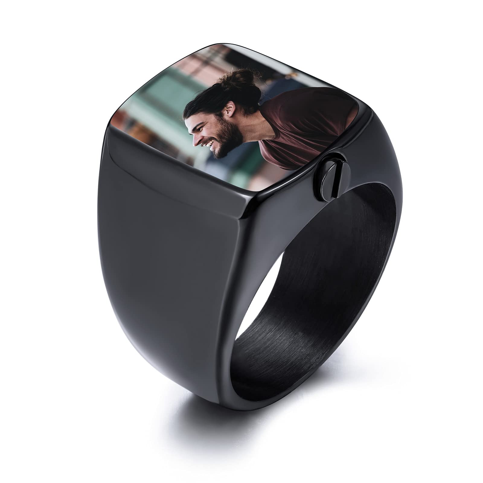 INBLUE Personalized Stainless Steel Cremation Urn Signet Ring for Men Women Pet Customized Color Photo Ashes Holder Memorial Jewelry with Funnel Kit (Black Size N)