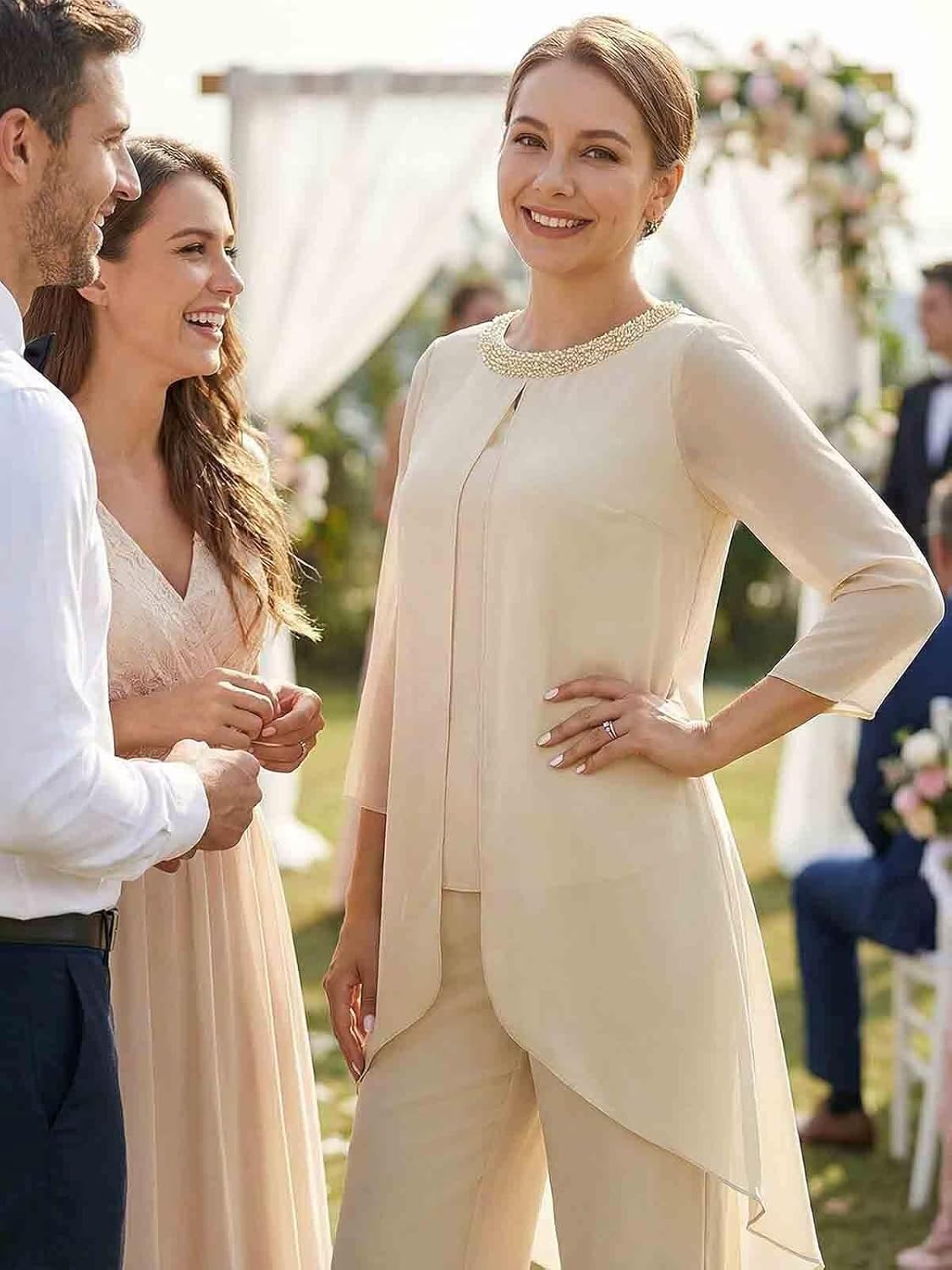 Women's Pant Suits with Jacket Formal Chiffon Mother of The Bride Pant Suits Sparkly Wedding Evening Party