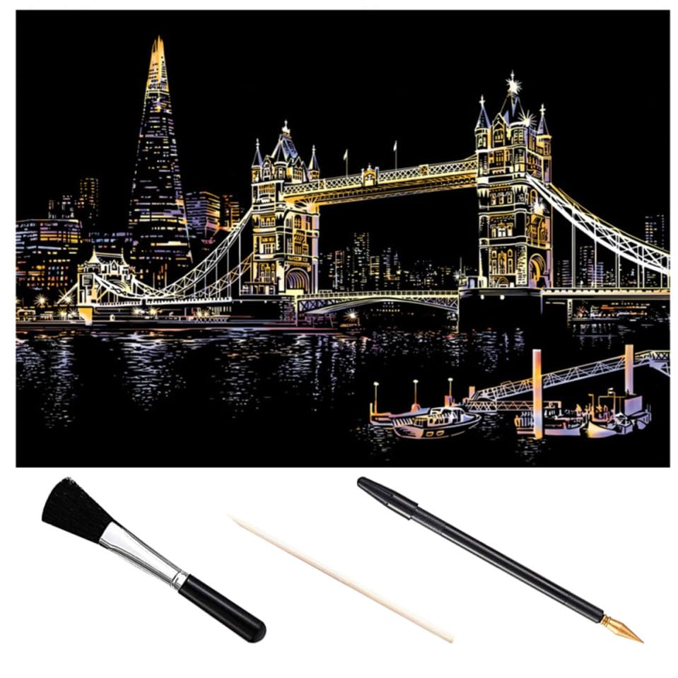 COSMOBETTY Kit de Papeles Papel Negro y Plástico para Dibujar a Lápiz Imágenes para Raspar de Ciudad Nocturna Adecuado para Manualidades DIY