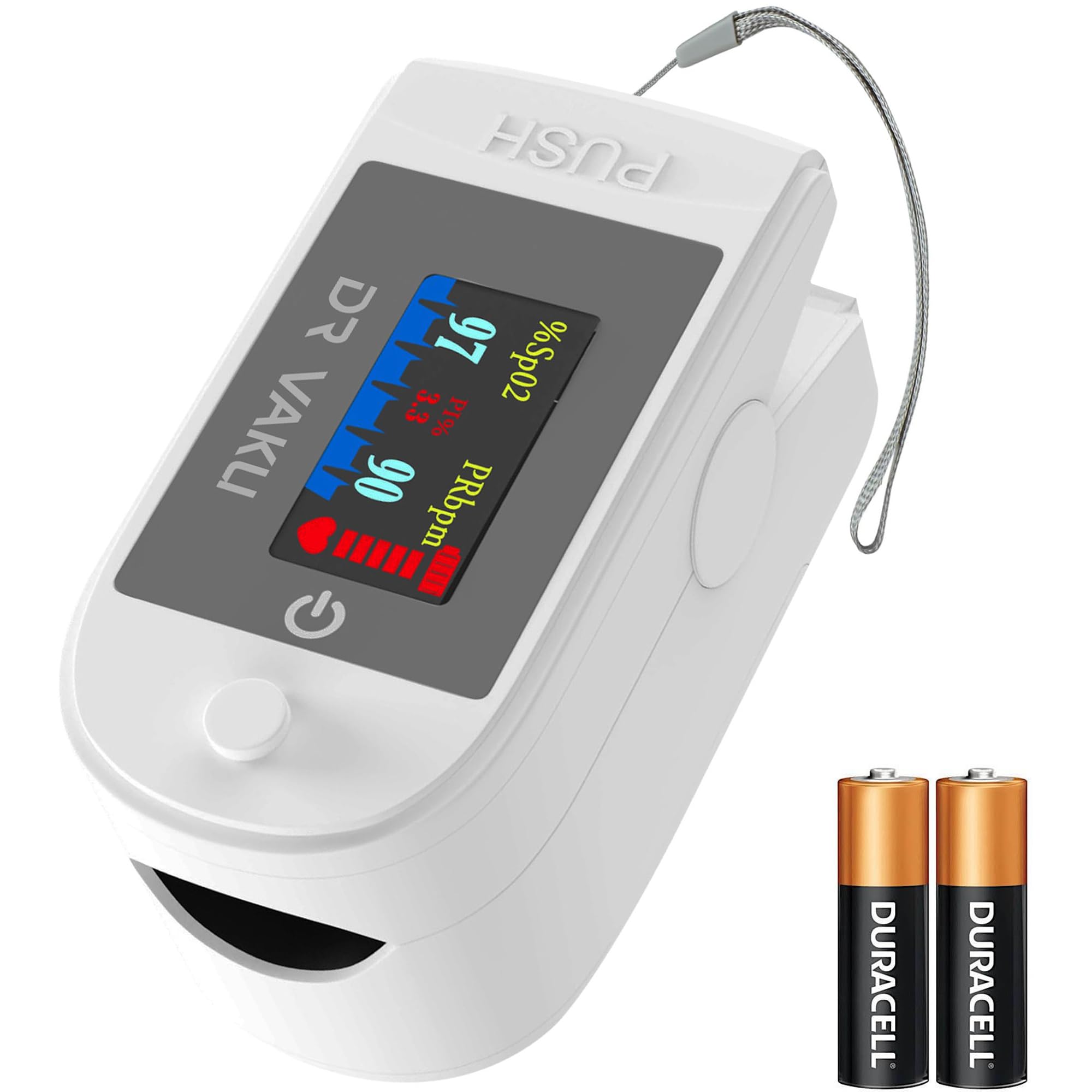 DR VAKU® Pulse Oximeter Fingertip SpO2 Blood Oxygen Saturation Monitor Finger Heart Rate Tracker Four Color TFT Display, Battery Included - White