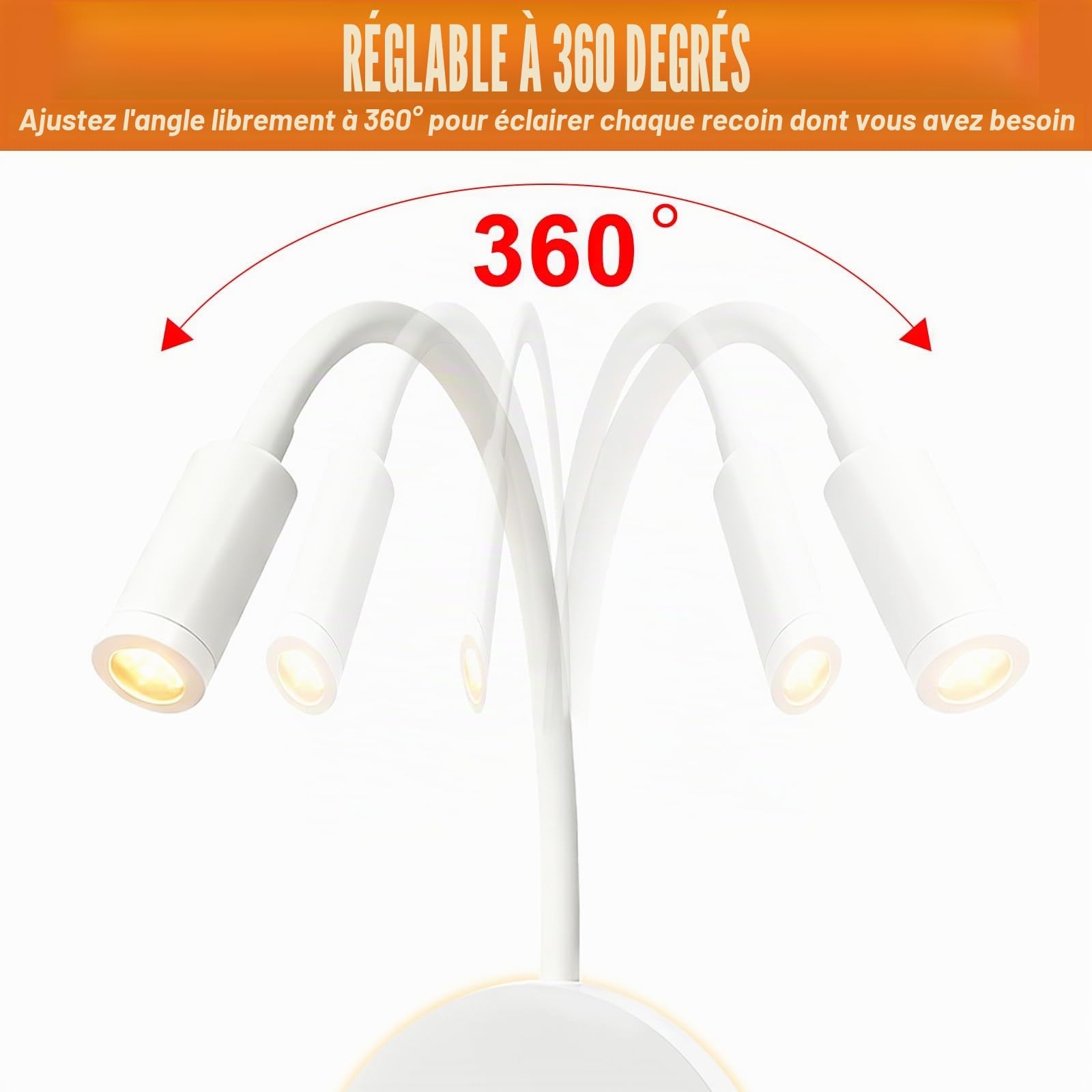 GOMETY Lampe de Lecture Murale, Lampe Blanche à Col de Cygne Pivotant à 360° avec Prise, Chevet à Intensité Variable, Applique Murale LED pour Chambres, Hôtels et Tables de Nuit