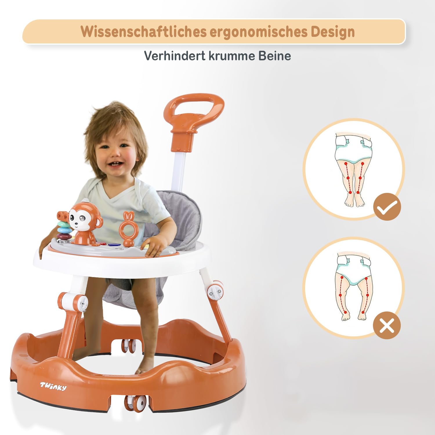 Twinky® Lauflernwagen mit Spielset & Bodenmatte - Robuste 4-fach verstellbare Vorschul-Lauflernhilfe - Ideal als Gehhilfe für die ersten Schritte Ihres Kleinen (Braun)