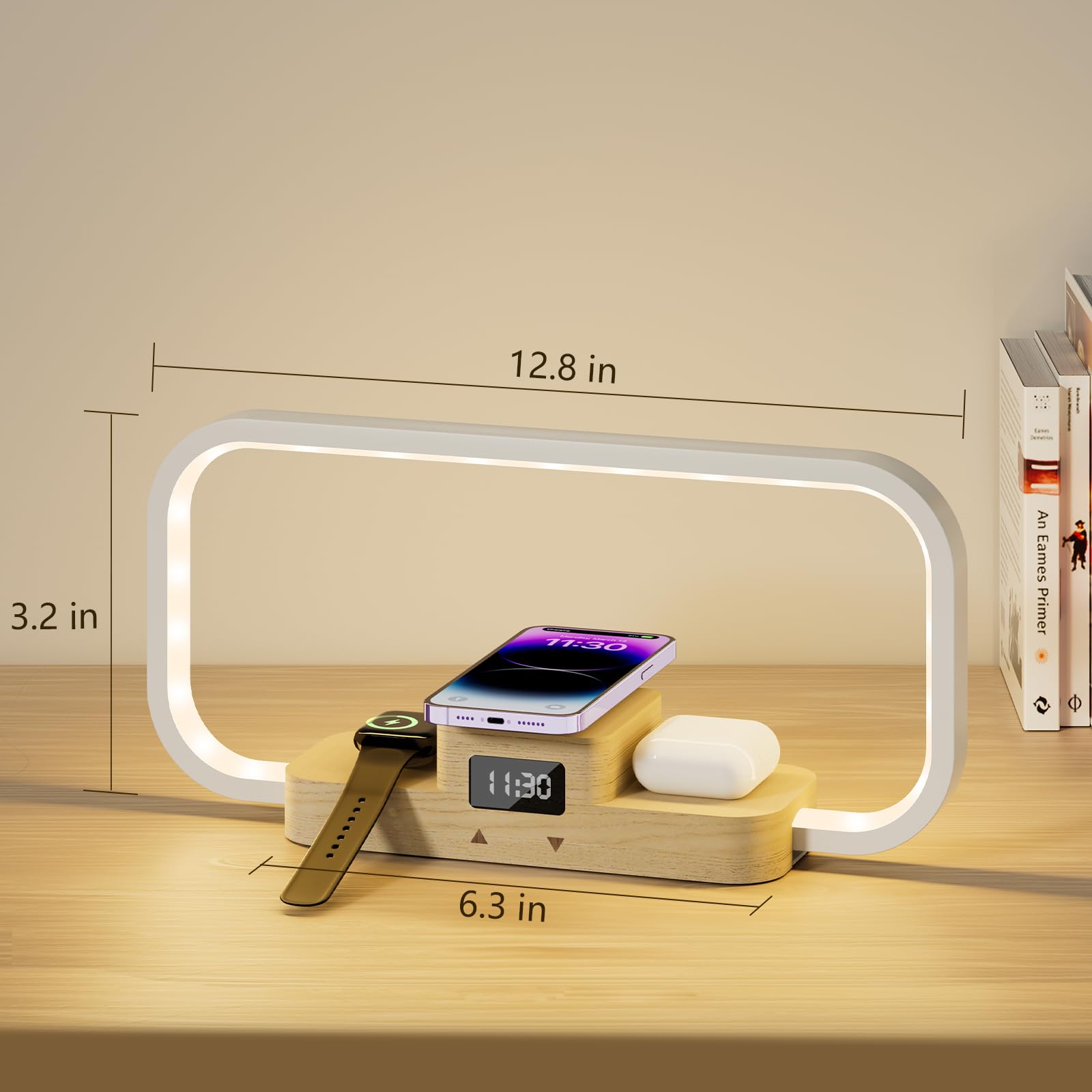 Lampada da Comodino con Caricatore senza Fili & Ricarica USB, 5 Colori Lampada da Tavolo Dimmerabile Controllo Touch, Luce Notturna 5 Luminosità per Camera-Legno e Bianco
