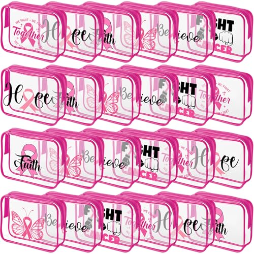 Frienda 24 Pcs Breast Cancer Awareness Makeup Bags Pink Ribbon Cosmetic Bags PVC Clear Breast Cancer Survivor Gifts Bulk Hope Faith Believe for Women Girls Charity Public and Social Event Supplies