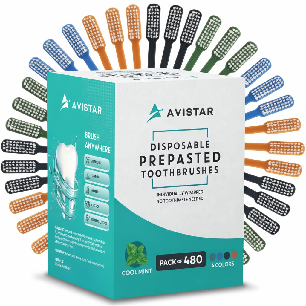Avistar 480 Prepasted Disposable Toothbrushes Individually Wrapped - Single Use Pre Pasted Disposable Toothbrushes with Toothpaste Built in -