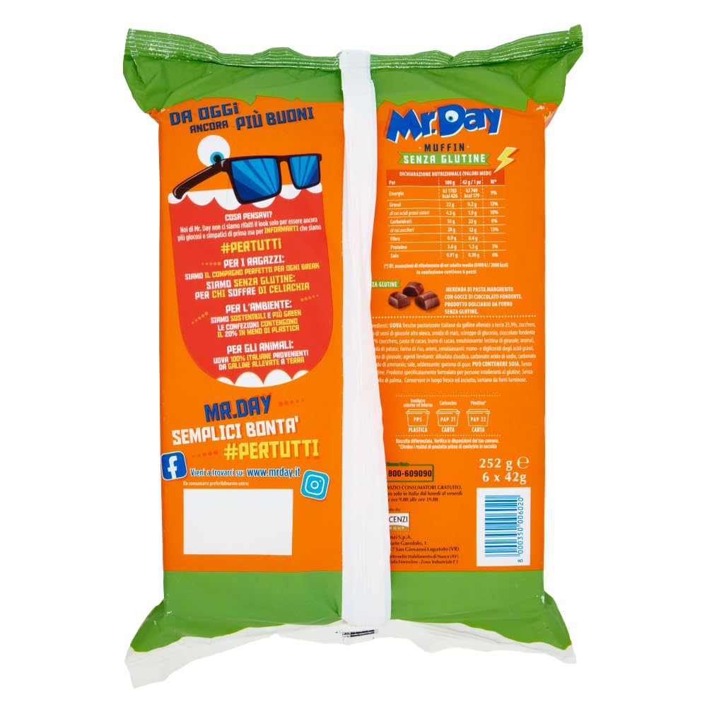 Mr. Day Muffin con Pepite di Cioccolato Fondente, Senza Glutine (Gluten Free) 252g [BOX da 6 Confezioni]