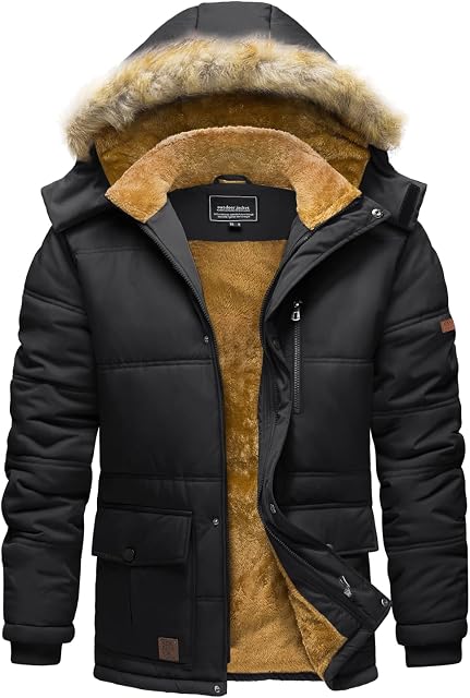 TACVASEN Men's Winter Jacket Windproof Fleece Thicken Warm Jacket Parka Coat Fur Hood