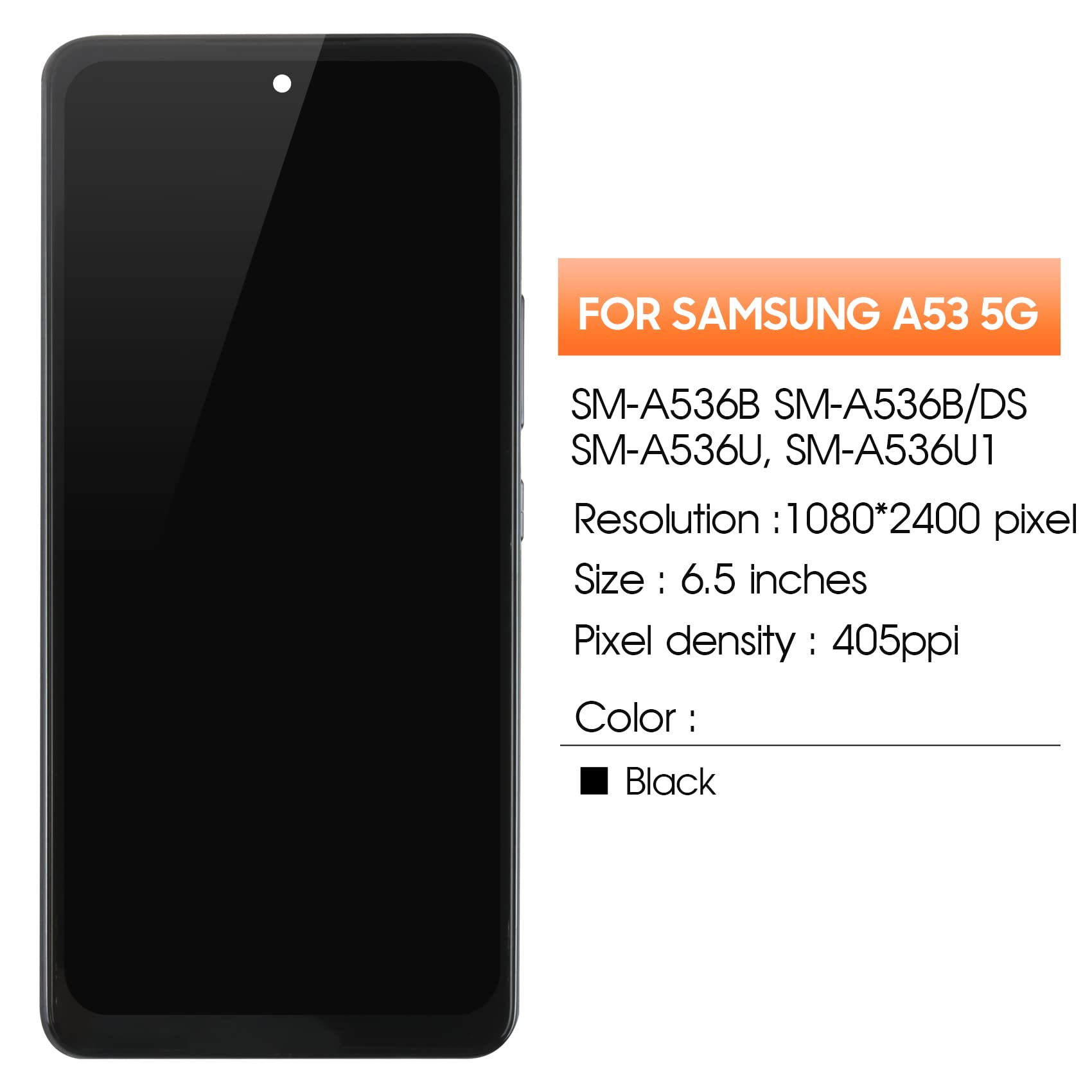 Pantalla LCD para Samsung A53 5G LCD Display para Galaxy A53 5G SM-A536B SM-A536U SM-A536E 6,5" Pantalla de repuesto Pantalla Táctil Asamblea con Reparación Kit (Negro con Marco, Incell)