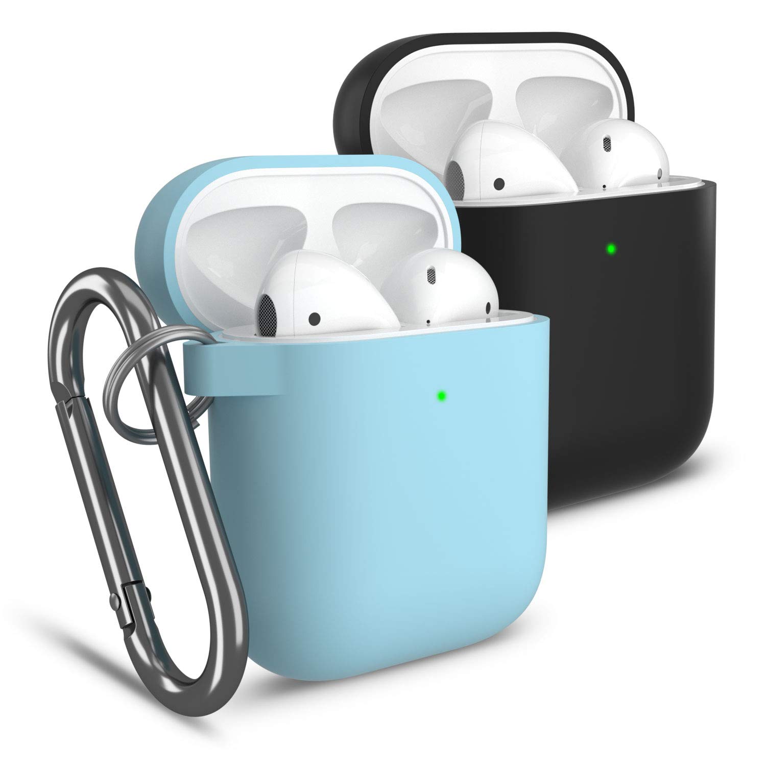 Cuauco Compatible for AirPods Case,2 Pack Protective Silicone Case Cover for Apple AirPods 2&1,Front LED Visible,with 2 Keychain,30 Pcs Cleaning Kit(Includes Anti Static Brush,Swabs)(Black+Sky Blue)