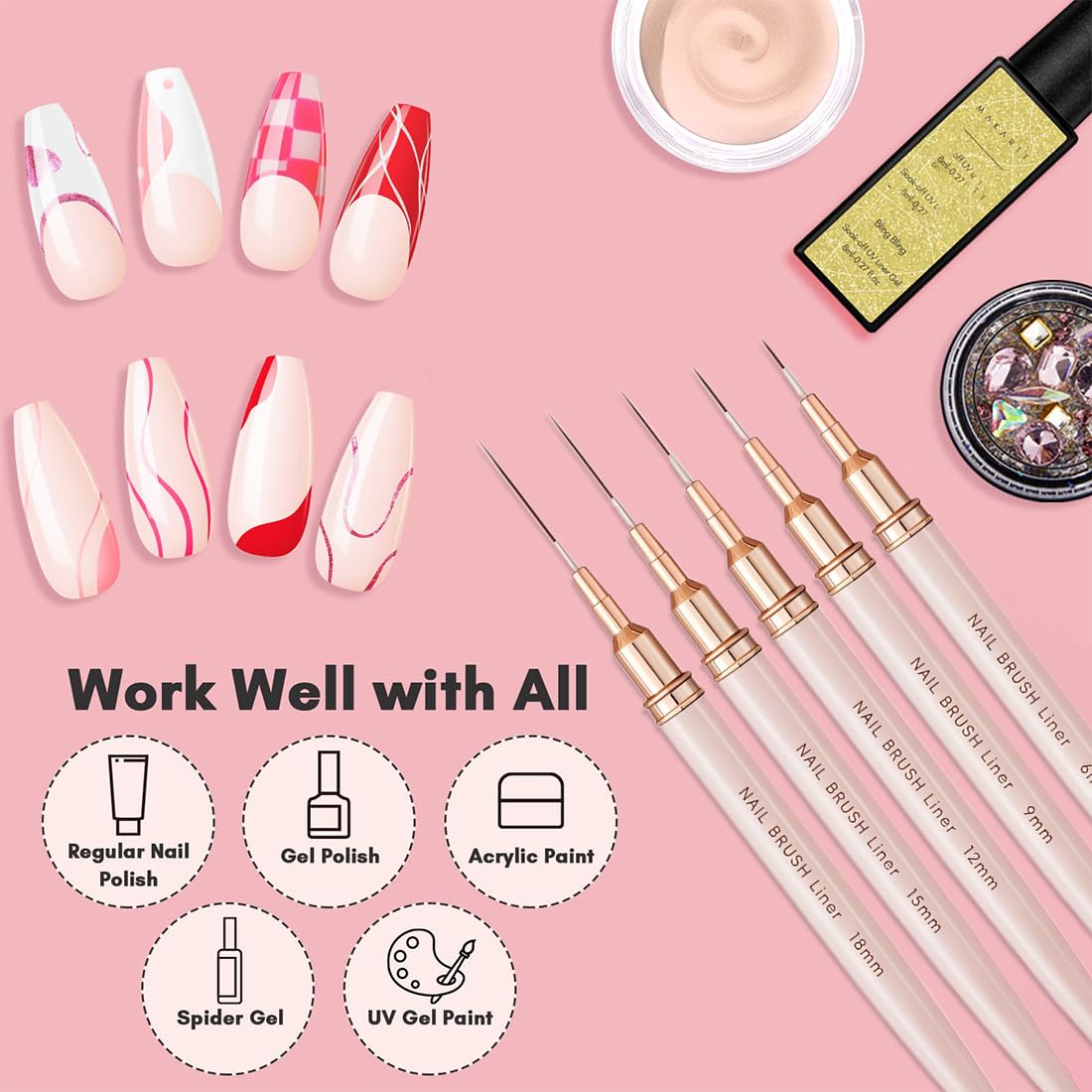 WeddHuis Pennelli per nail art, 5 pennelli per nail art, set di pennelli per disegnare e punteggiare le unghie, per linee lunghe, dettagli sottili, dimensioni 6/9/12/15/18 mm,rosa