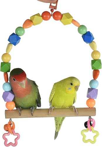 Wooden Bird Swing for Cockatiels Parrot Perch Hanging Toys Parakeets Birdcage Stands Cage Playground Play Gyms Accessories Colorful Bead Bell Climbing Toy for Lovebirds Conures Budgies(Multi-colored,Large)