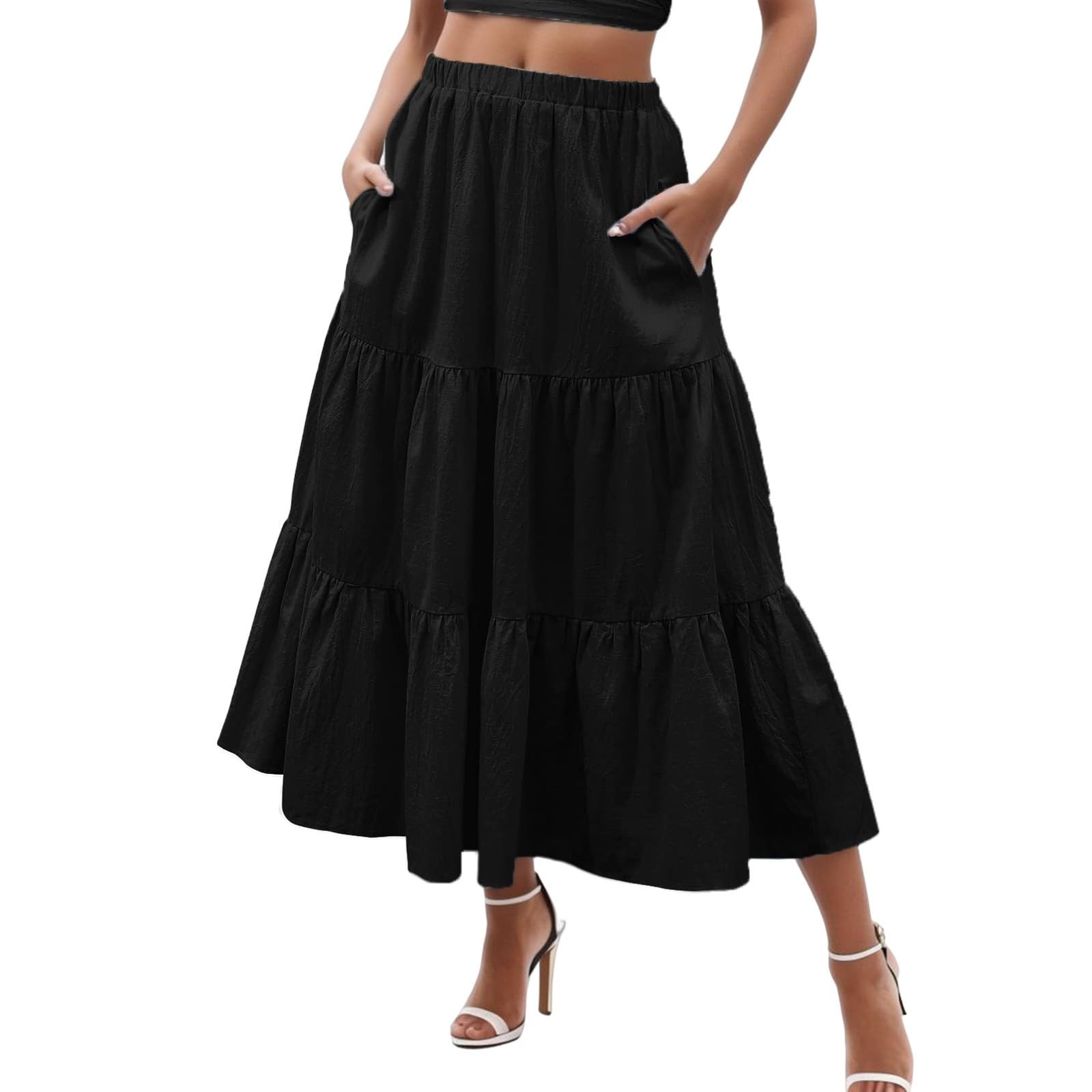 Jupe Plissee Femme Taille éLastique- Jupe Boheme Mi Longue avec Poches Simple TrapèZe SuperposéE Fluide Classiques De Tous Les Jours Comfortable DéContracté Volants éLéGants Skirt Baggy