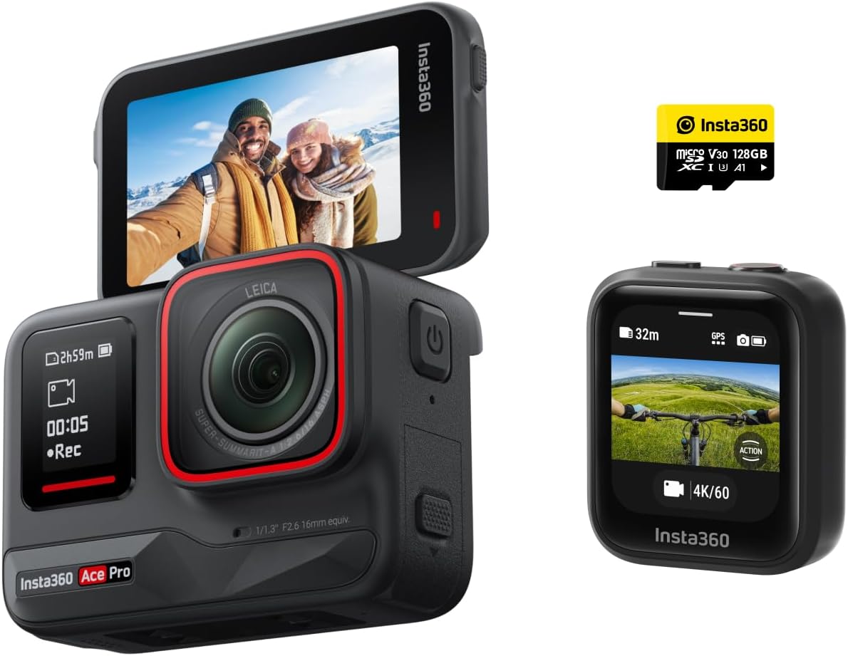 Ace Pro GPS-Ready Kit - Waterproof Action Camera Co-engineered with Leica, Flagship 1/1.3" Sensor and AI Noise Reduction for Unbeatable Image Quality, 4K120fps, 2.4" Flip Screen & AI Features