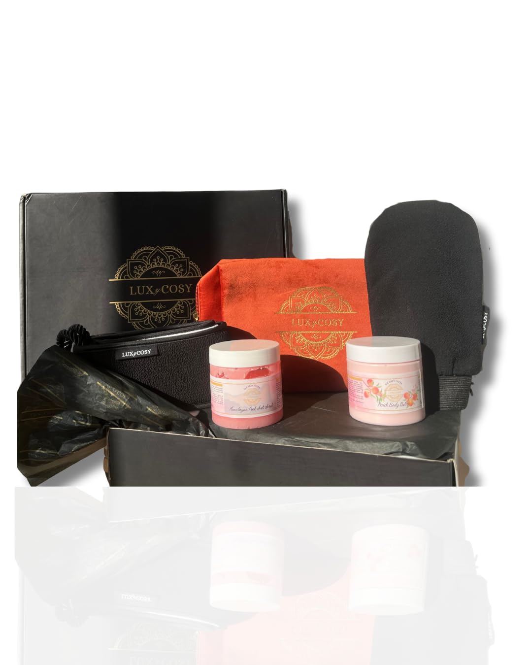 Cura Hammam Cofanetto San Valentino + Candele Love in omaggio Astuccio da toilette rosso, sapone nero olio di argan biologico guanto e gratta schiena kessa esfoliante scrub idea regalo originale donna