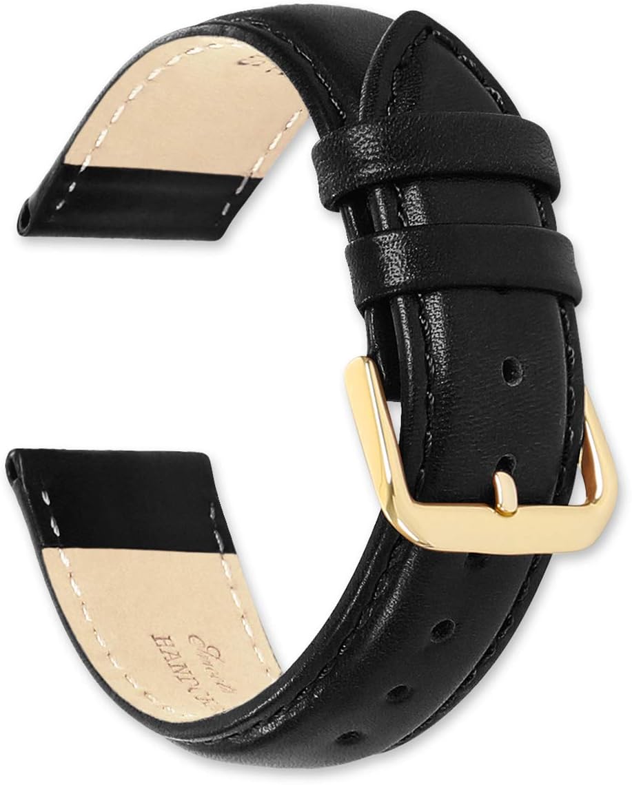 deBeer Smooth Leather Replacement Watch Band (Silver or Gold Buckle) - Black 15mm Watch Strap