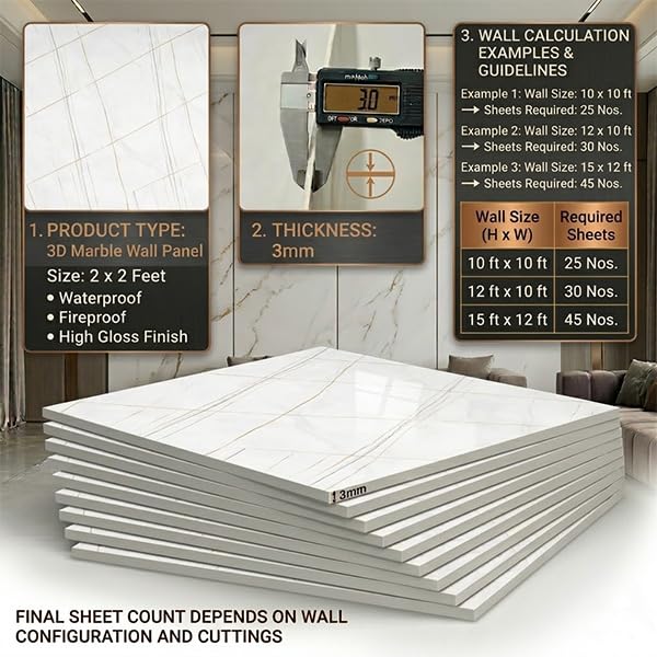 Image of WALLVEAR 2x2 Ft UV Marble Wall Panel Sheet Gold Line Design, Pack of 4