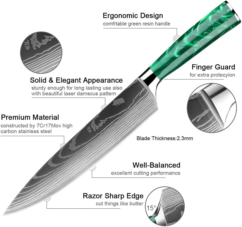 DAXXIN Kitchen Knife Sets, 10PCS Kitchen Knives Knife Set Stainless Steel Laser Damascus Pattern Green Resin Handle, ZJH6868