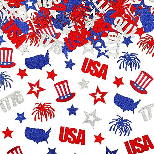 240 Pcs 4th of July Confetti Patriotic Red White Blue USA Confetti Independence Day Glitter Sprinkles American Star Flag Party Decor for Memorial National Veterans Day