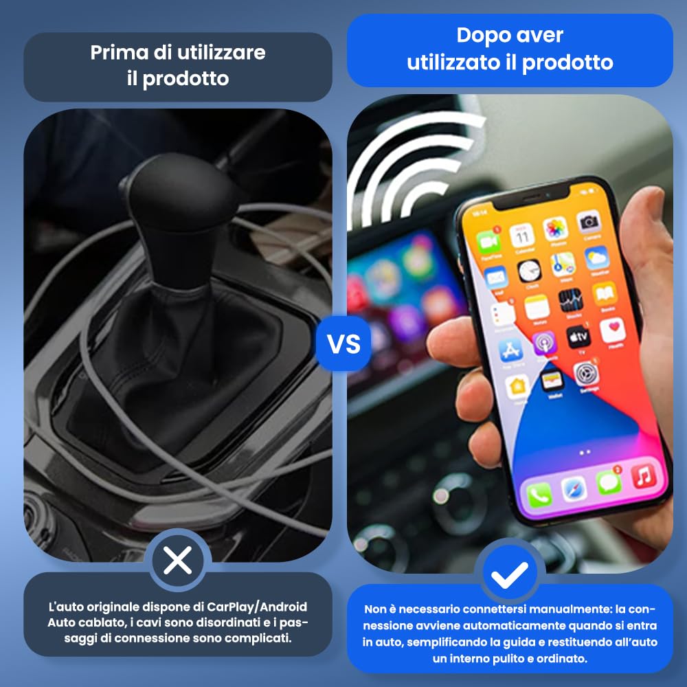 CarlinKit Adattatore auto wireless CarPlay e Android 2026, aggiorna la connessione cablata a wireless, Plug & Play con USB-A/Type-C, funziona con iPhone iOS 10+ e Android 11.0+