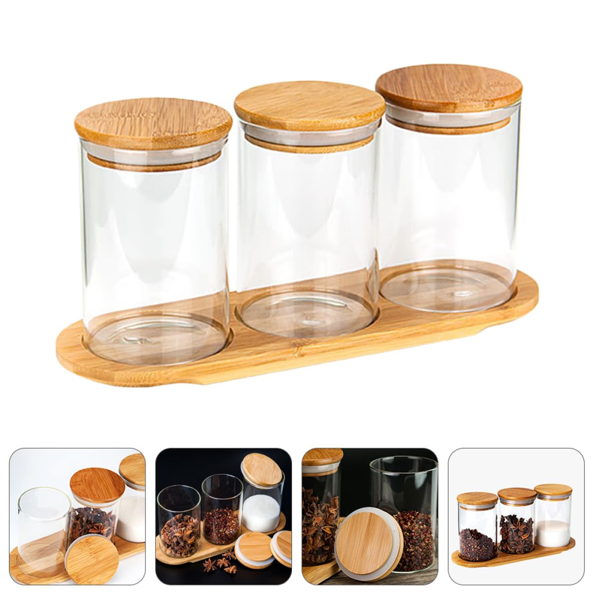 TOYANDONA Set 3 Barattoli Porta Spezie in Vetro Coperchio e Base in Bambù Contenitori Sigillati per Conservazione Alimentare Multiuso per Cucina e Dispensa Design Trasparente e Stabile