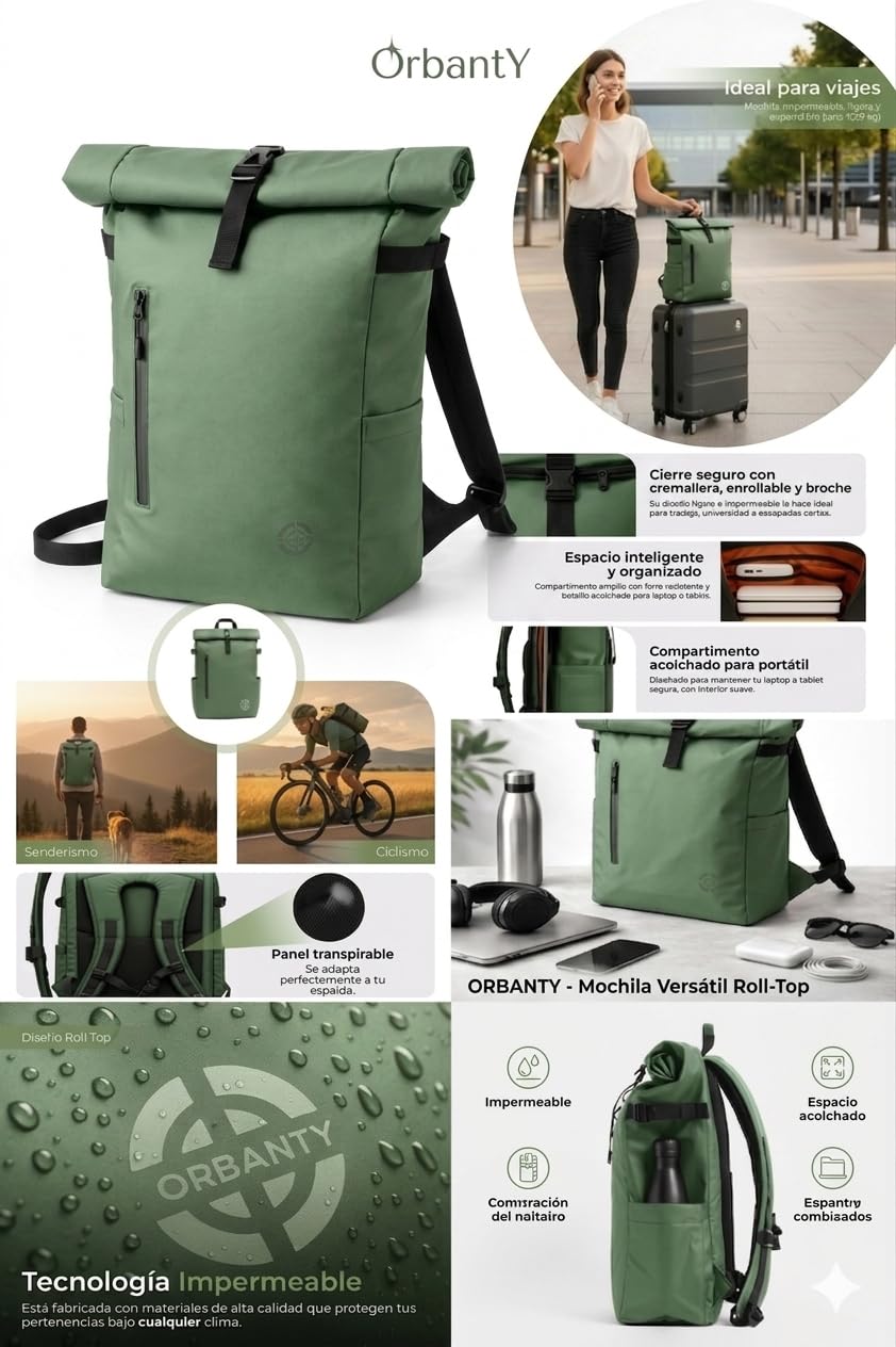 Zaino arrotolabile, impermeabile, espandibile, 20-25 l, con accesso rapido, portatile, casual, unisex, leggero, organizer, maniglia torlley, spallacci imbottiti, viaggi, lavoro, università, Verde