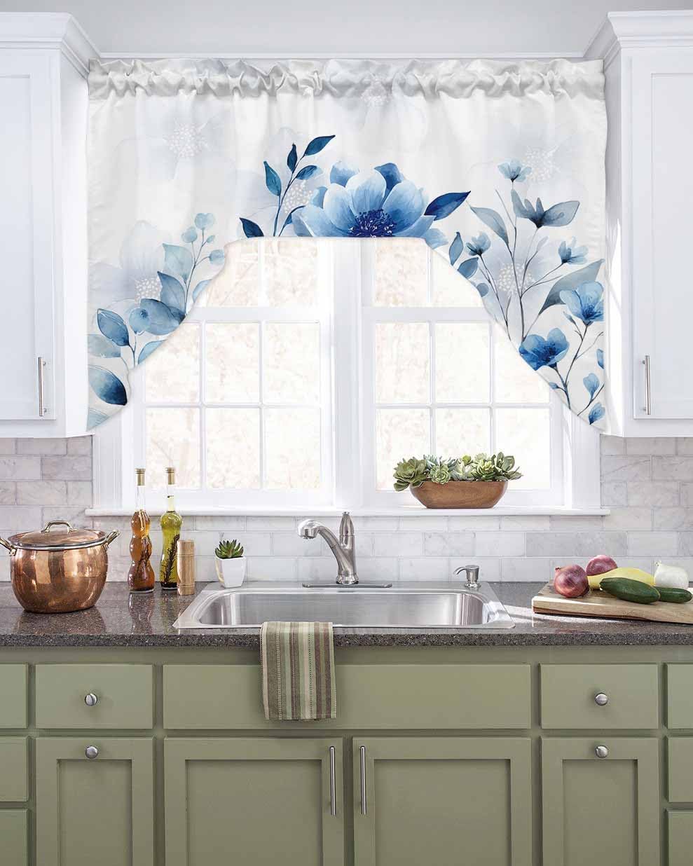 Tier and Swag Window Curtain Set,Watercolor Daisy Flower Butterfly Kitchen Valance Tier Curtains 3 Pieces Set,Green Leaf Plant on White Rod Pocket Valances Window Treatment for Living Room Bedroom