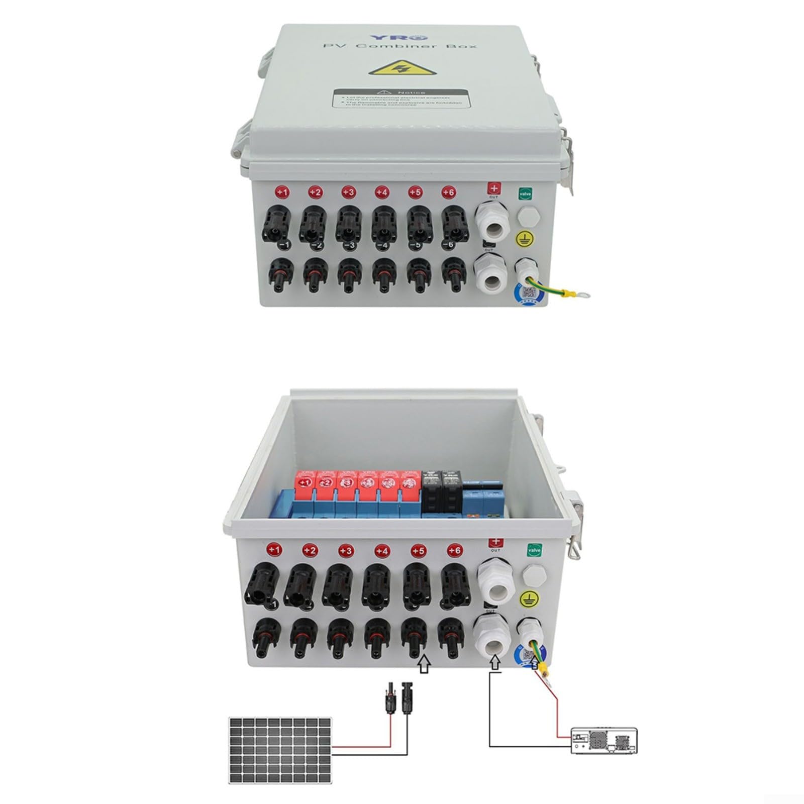 Caja combinadora fotovoltaica, unión solar de matriz de 6 cuerdas con para pararrayos de sobretensiones y disyuntor para en rejilla de sistema de rejilla impermeable Ip65
