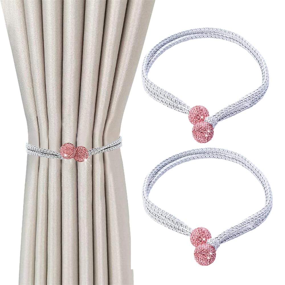 2 Pcs Sparkly Rhinestone Curtain Tieback, Adjustable Crystal Curtain Ties Rope, Decorative Pull-Out Rope Curtain Holdback for Home Office (Pink)