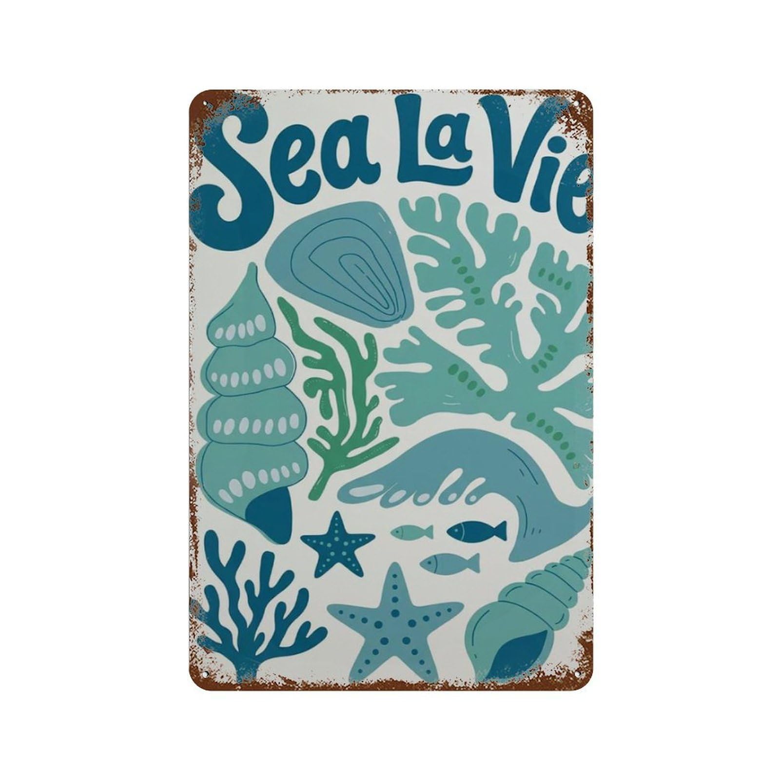 xiaoxiaoshen Blue Sea La Vie Coastal With Seashell Starfish And Coral Beach House Linocut Wall Decor Art Metal Tin Poster Modern Home Decor Art Home Bar Shop Decorations Vintage Sign 30x20cm