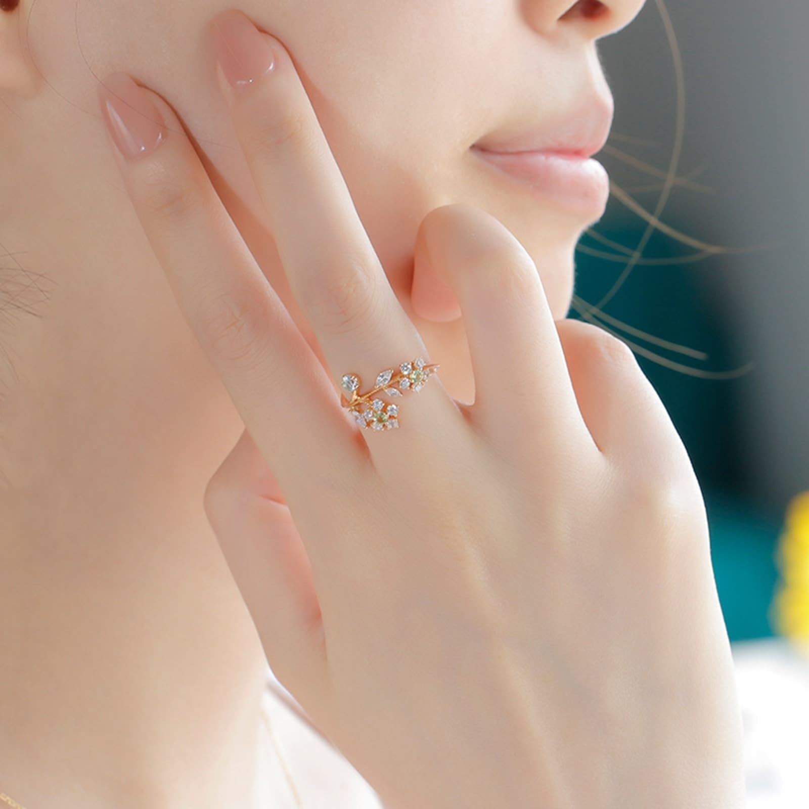Anillo de boda auténtico de 9 K/14 K/18 K oro amarillo con peridoto verde, hojas de flores