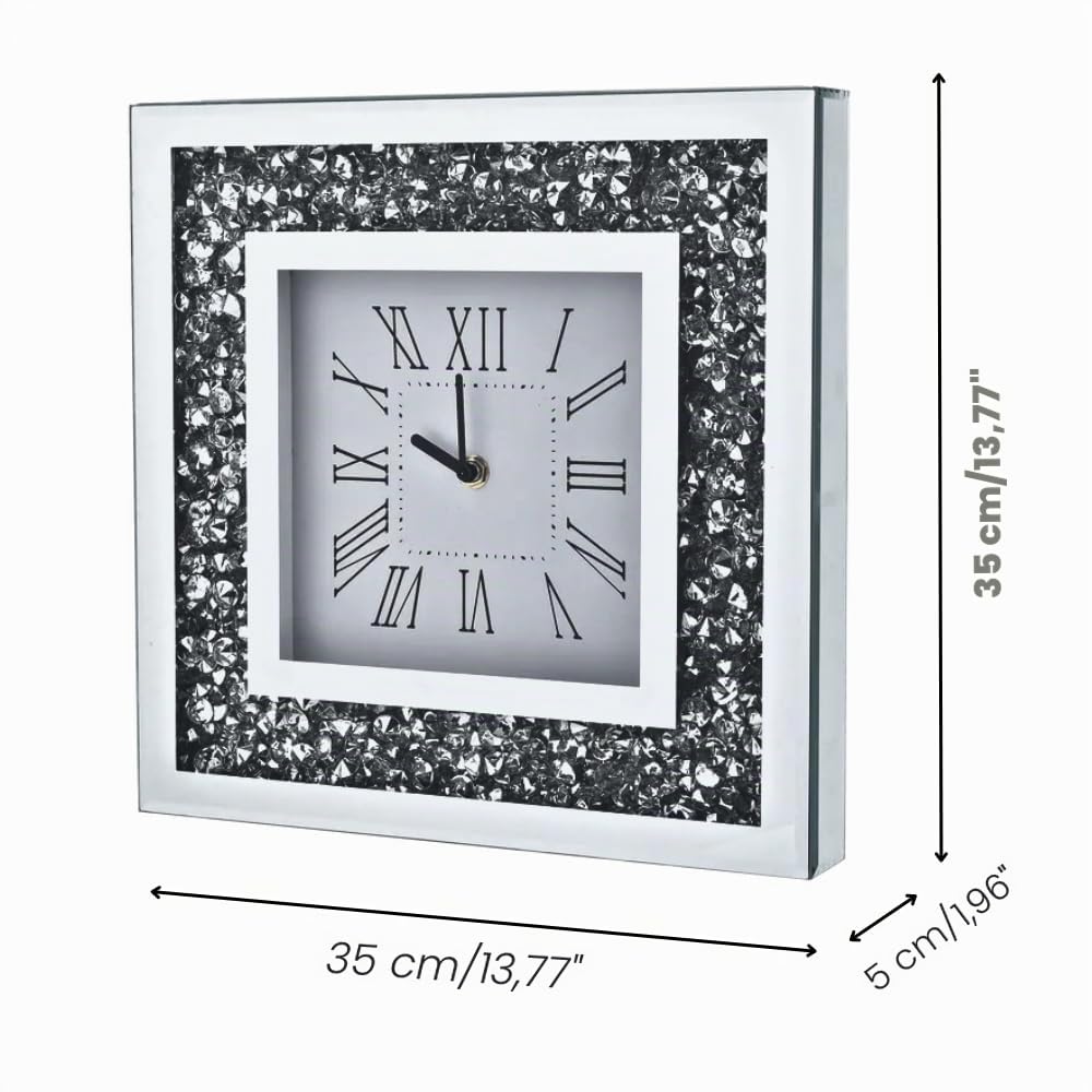 Orologio da parete silenzioso con strass e strass, elegante, con specchio in cristallo di diamante, gioiello frantumato, silenzioso, per casa, ufficio, soggiorno, camera da letto, 35 x 35 cm, argento