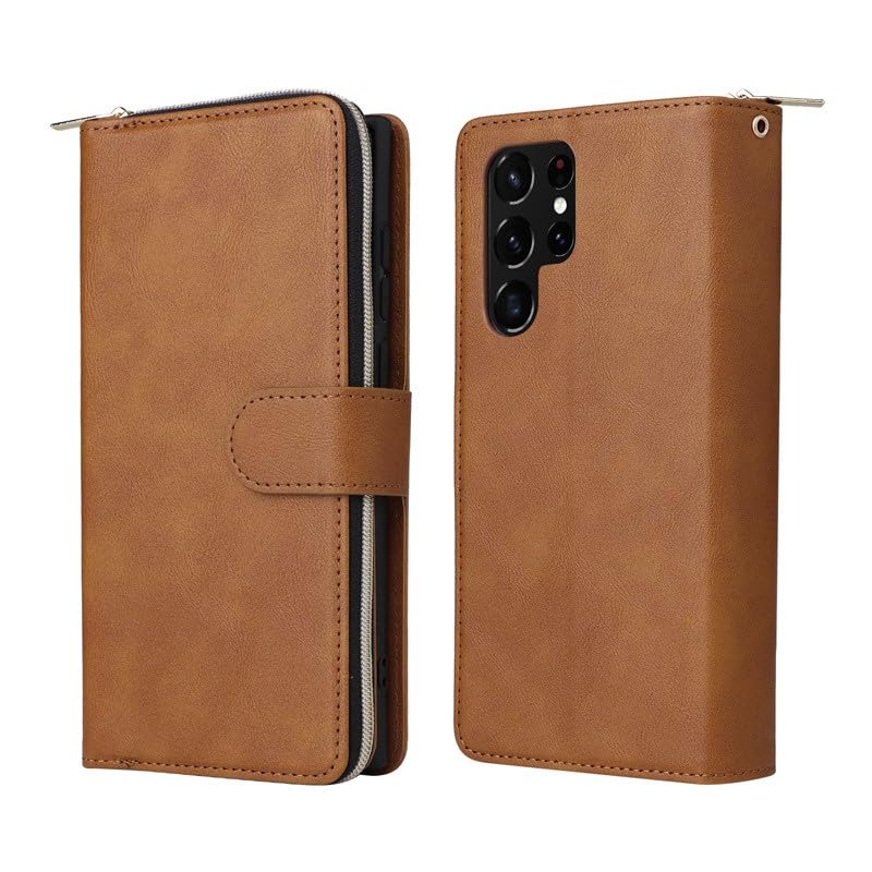 Étui portefeuille Samsung Galaxy S24 FE en cuir marron à rabat zippé