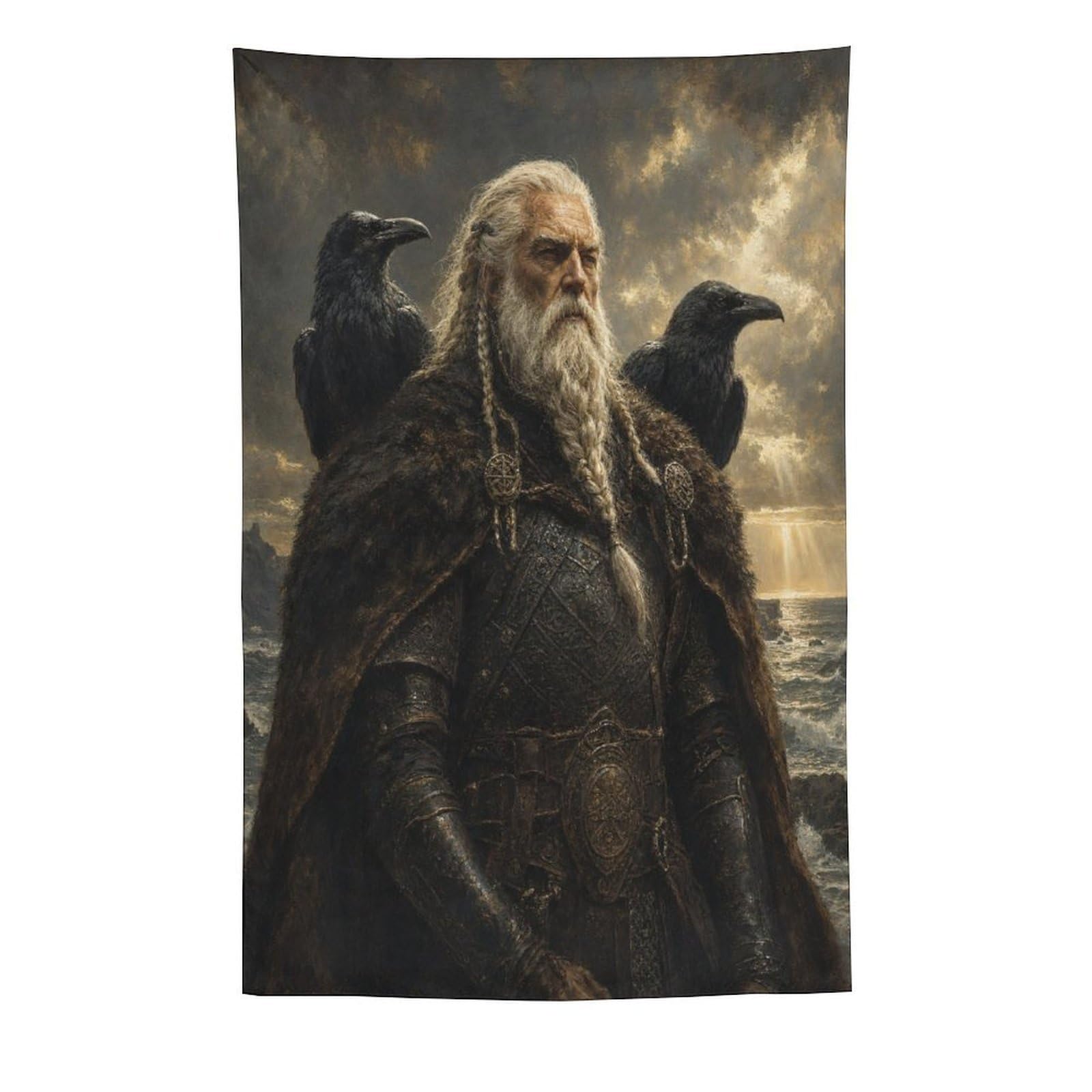 W7C8U2X3 Odin with Ravens Wall Tapestry, Realistic Illustration