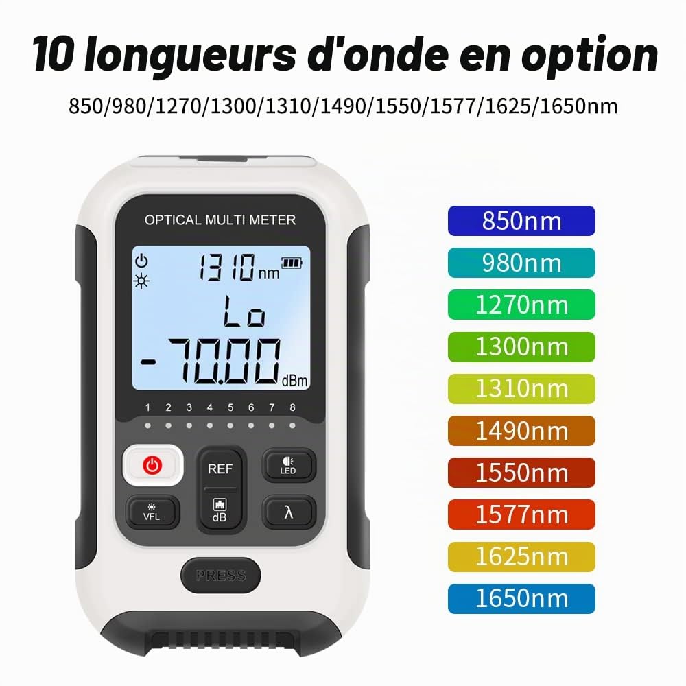 Compteur de puissance optique avec localisateur de défaut visuel VFL et RJ45 câble Tracker Power Meter Fibre Optique multifonction alimenté par batterie lithium-ion (AT-TM570OPMVFL)