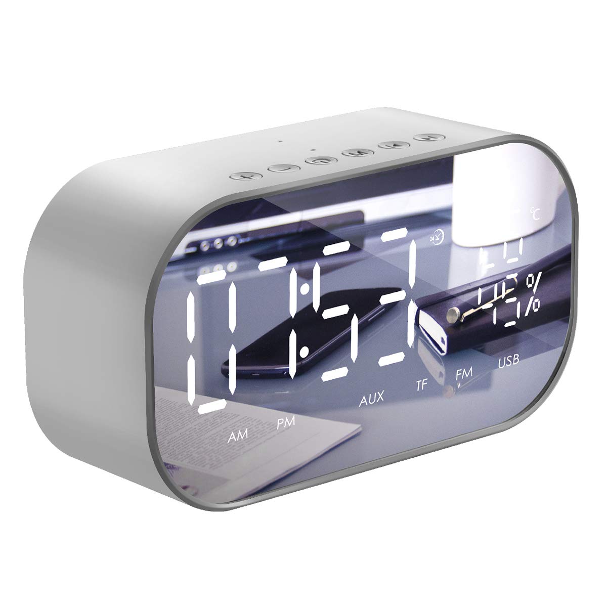 OhhGo Digital Alarm Clock Radio, Bedside Wireless Radio Alarm Clock with USB Charging Wireless Mirror Bass Speaker Mirror Clock for Home Bedroom Living Room