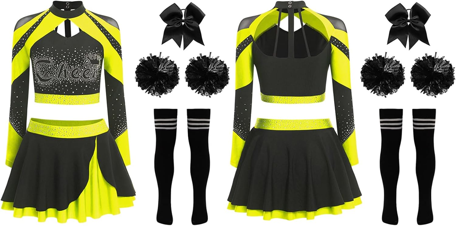 XUNZOO Cheer Leader Outfit for Women Sexy Team Sports Dance Uniform with Skirt & Top, Pom Poms 5pcs Set