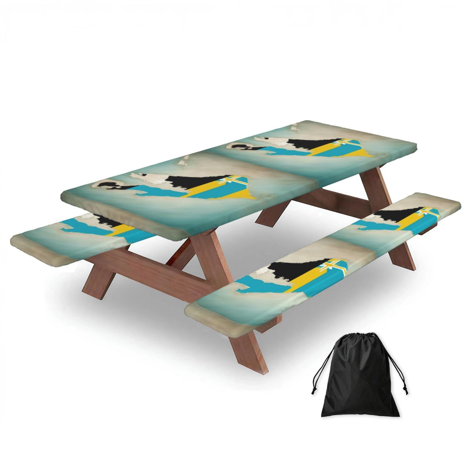 Duwaa Black Bahamas Position Flag Map Print 183Cm Picnic Table Cover With Bench Covers, Waterproof Elastic Tablecloth Set For Outdoor