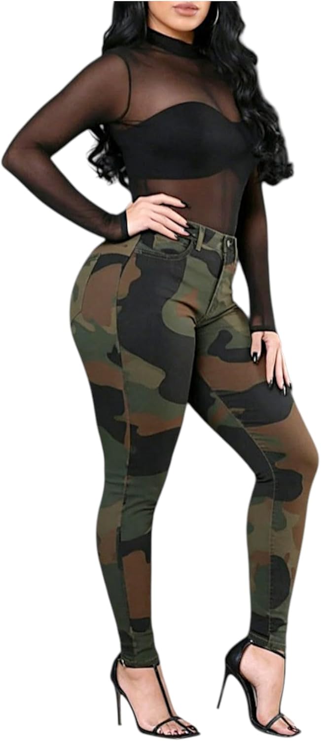 Women’s High Waist Skinny Jeans Stretchy Pull-On Camo Cargo Pants Casual Comfy Shaping Pants Army Fatigue