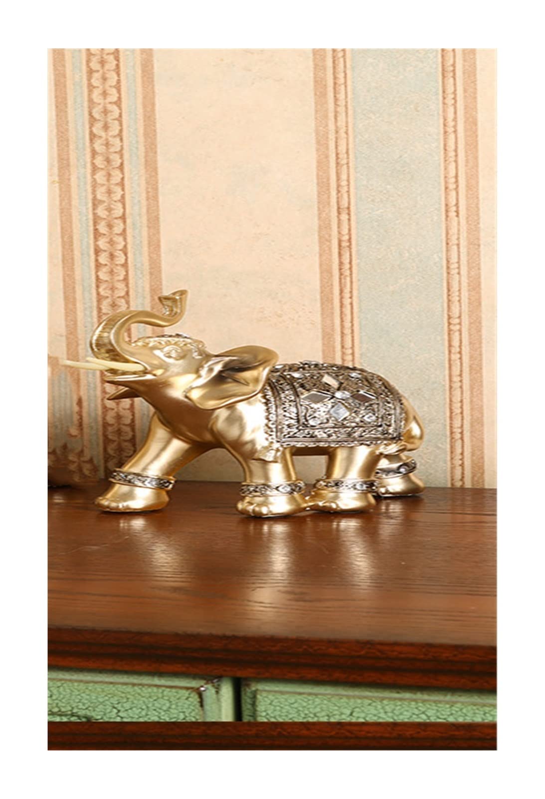 Figuras Decorativas Estatua de Elefante de Resina Dorada, Adornos Elegantes de Escultura de Tronco de Elefante para decoración del hogar Decoracion hogar(M 14 X 15 CM)