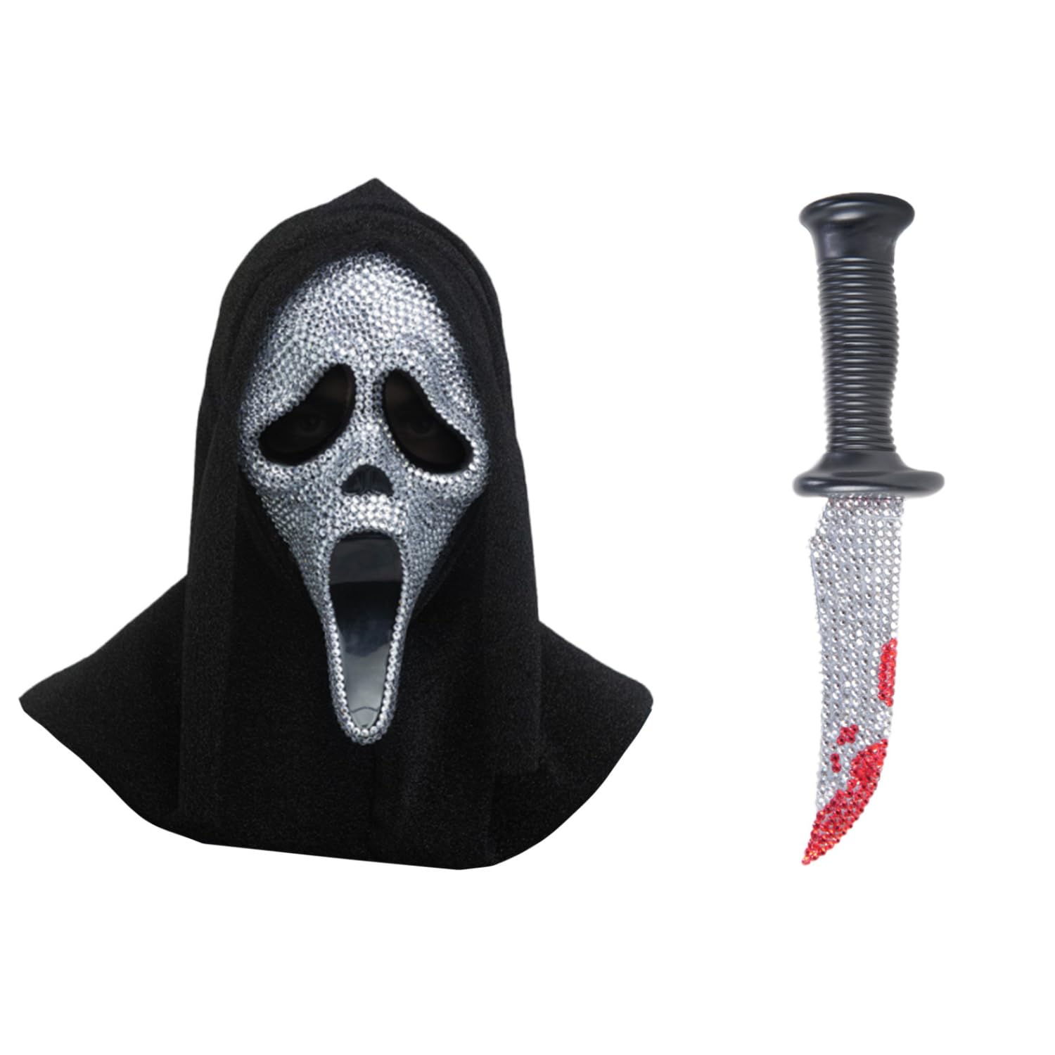 My Illusions Officially Licensed Scream GhostFace Mask + Knife Adults Halloween Fancy Dress Costume Accessory Set (Bling Mask & Knife)