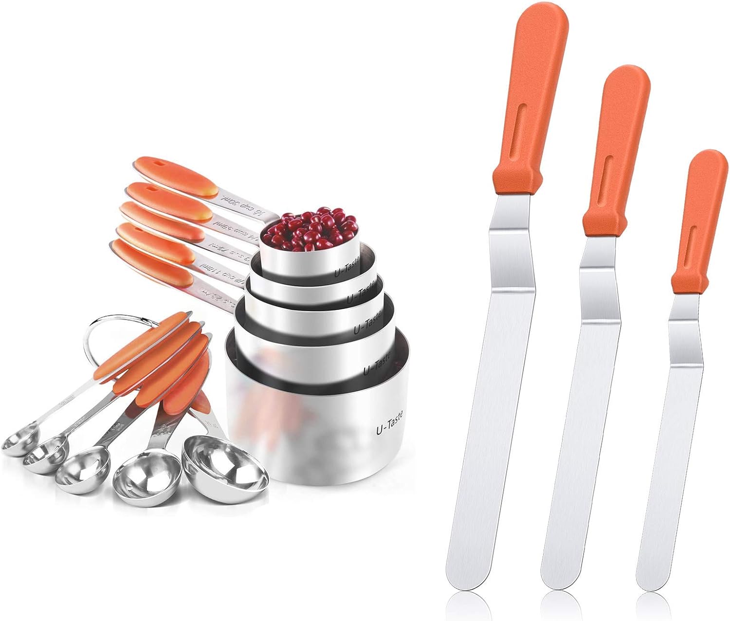 U-Taste 18/8 Stainless Steel Measuring Cups and Spoons Set and 18/0 Stainless Steel Offset Icing Spatula Set (Orange)