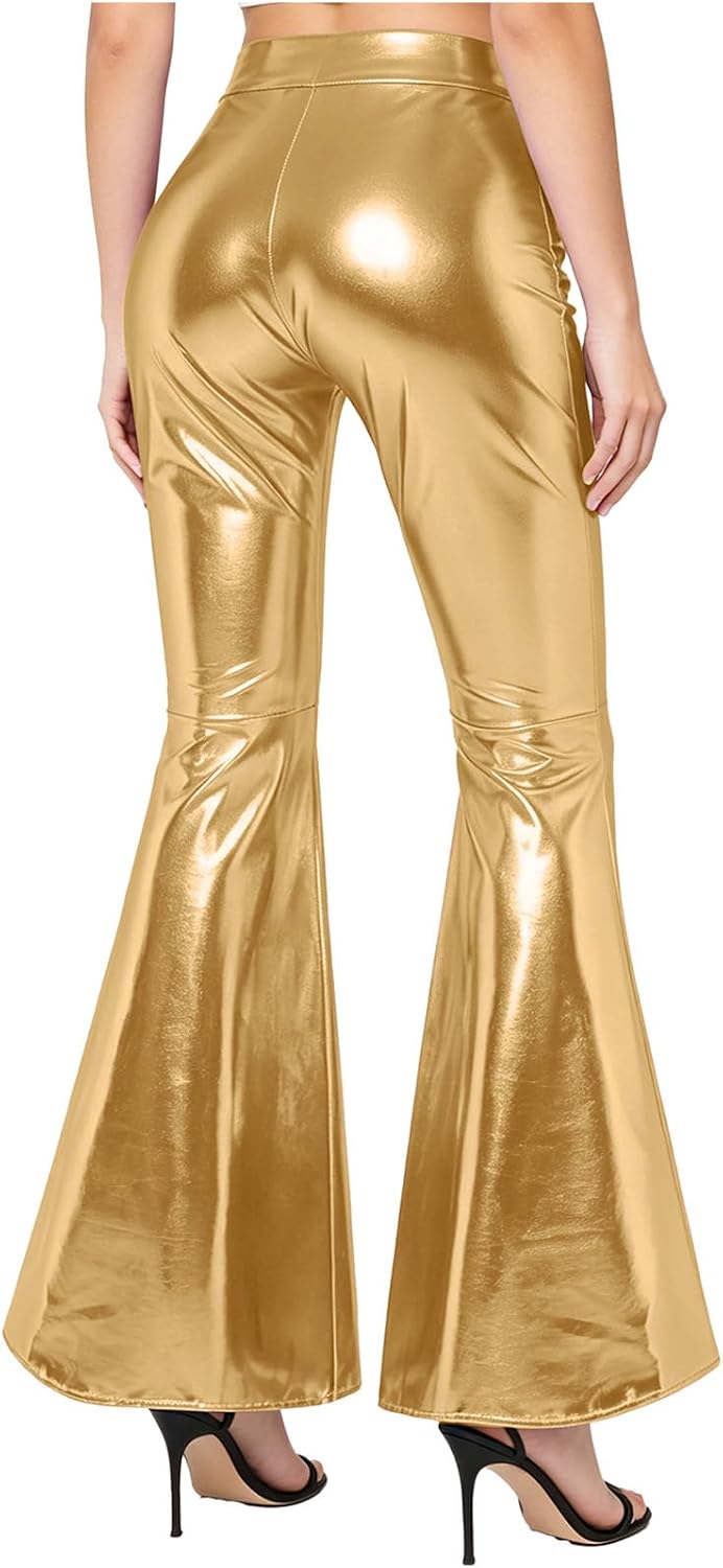 ACSUSS Women Streetwear Disco Outfits PVC Leather Wet Look Dance Pants Bell Bottoms Leggings Clubwear for Rave