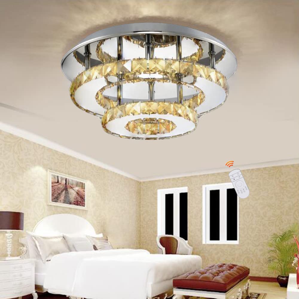 Cristal Plafonnier Lustre LED 36W Rond Plafonnier Dimmable Avec Télécommande Moderne Salon Pendentif Lampe Chambre Salle À Manger Couloir Éclairage Intérieur Extérieur Argent