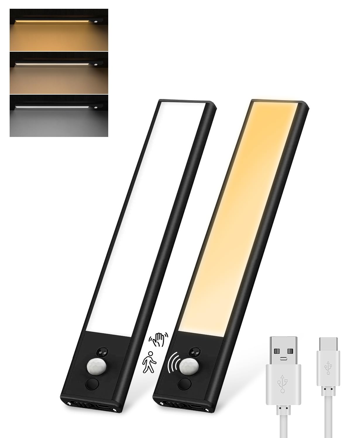 Under Cabinet Lights 2000mAh, 72 LED 3+1 Sensor Modes Hand-Wave, 3 Color Temperature Stepless Dimming USB Motion Sensor Cupboard Light with Magnetic Sticker for Kitchen/Wardrobe, Black (2PACK) [Energy Class A+]