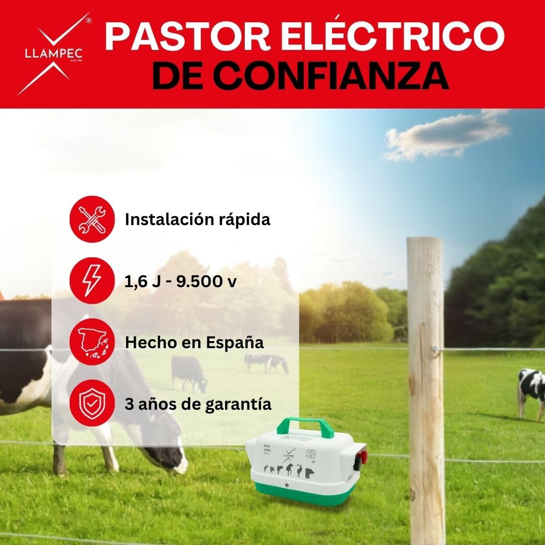 Llampec Pastor Eléctrico Mixto B4 – 1,6 J - 9.500 V - 10 km de Alcance – Cerca eléctrica Para Perros, Caballos, Cerdos y Vacas – Compatible Red 230 V – Batería 12V no incluida - Fabricado en España