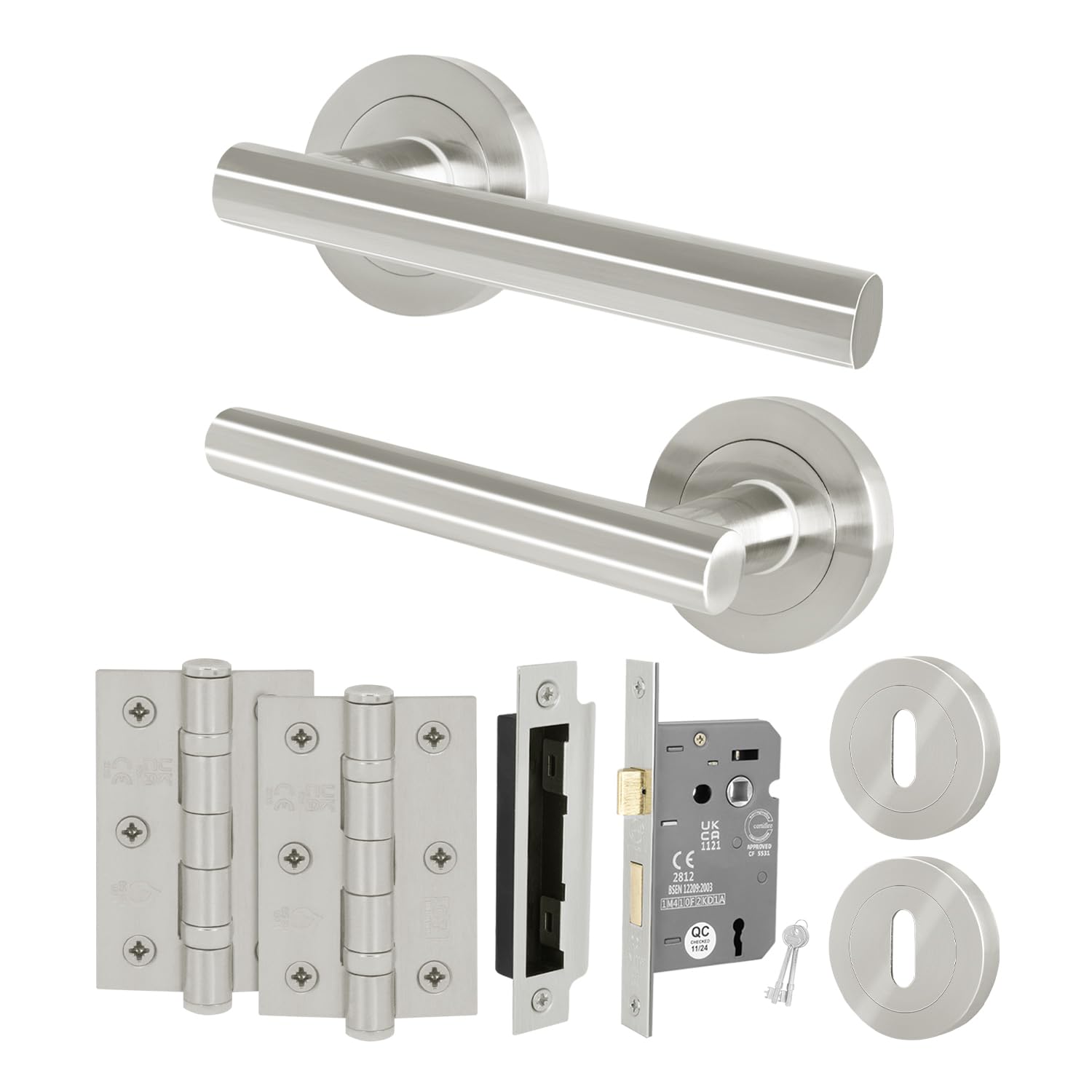 EAI Key Lock Door Handle Set Satin Nickel | Round T-Bar Internal Door Handles, Sash Lock, Hinges (76mm) & 2 Escutcheons | Oliena Range โ image 1