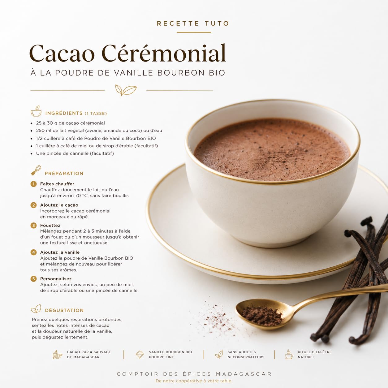 Masse de Cacao Cérémonial 5kg (10x500g) | 100% Pur | Direct Producteur | Notre Coopérative | + Vanille Bourbon BIO 100g Offerte | COMPTOIR DES EPICES MADAGASCAR