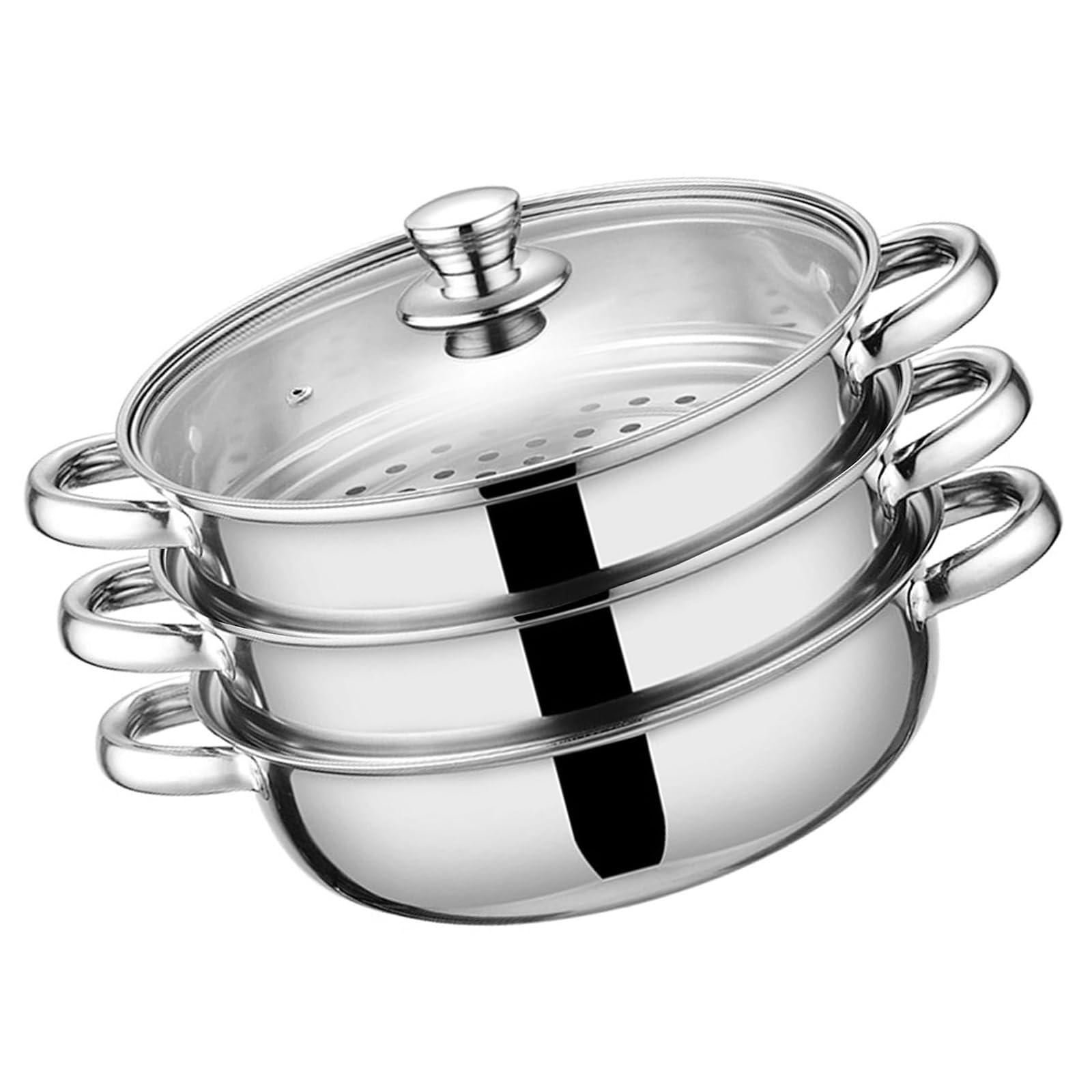 Hsioluted Stainless Steel Steamer Pots 3 Tiers Cookware with Glass Lid for Vegetable Stews Kitchen Gadget Stackable Steamer Pots with Glass Lid