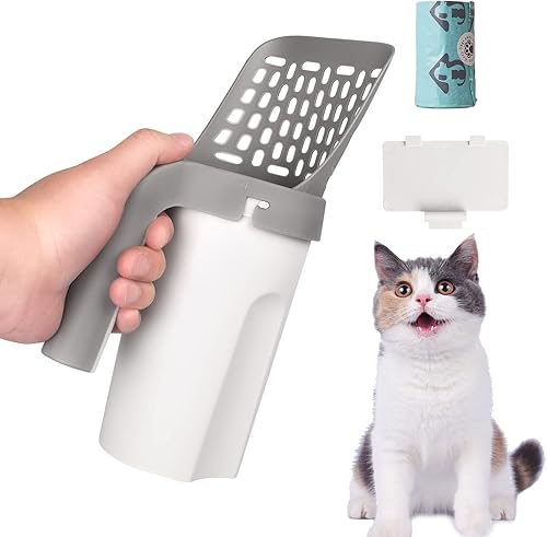 Cuchara para excrementos para gatos, cuchara de arena para gatos con bolsas, soporte integrado desmontable para pala profunda, gran capacidad