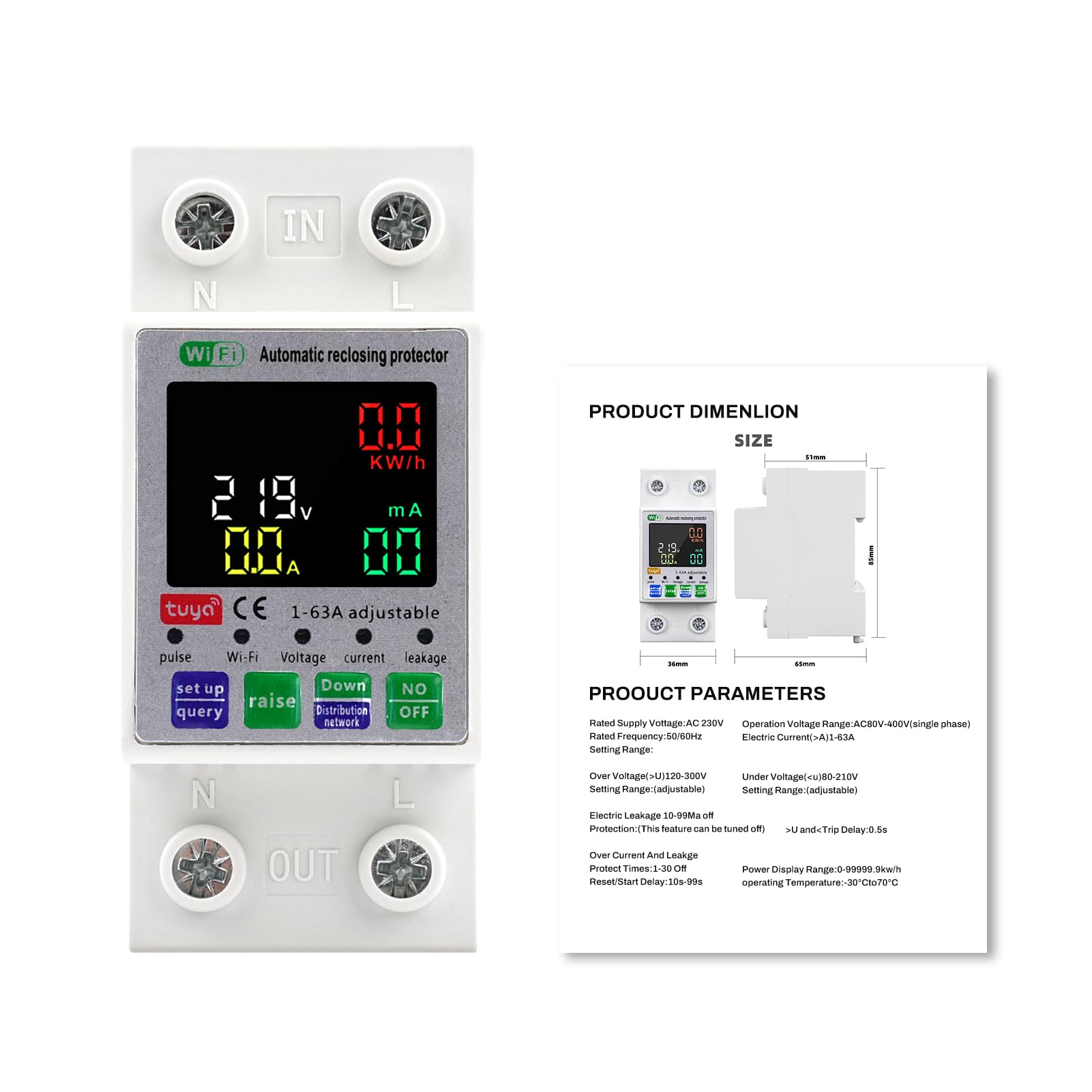 63A Disjoncteur différentiel Wifi Interrupteur protecteur de surtension compteur electrique 2P 220V AC Auto réinitialisation La surtension/sous-tension et la surintensité peuvent être réglées.